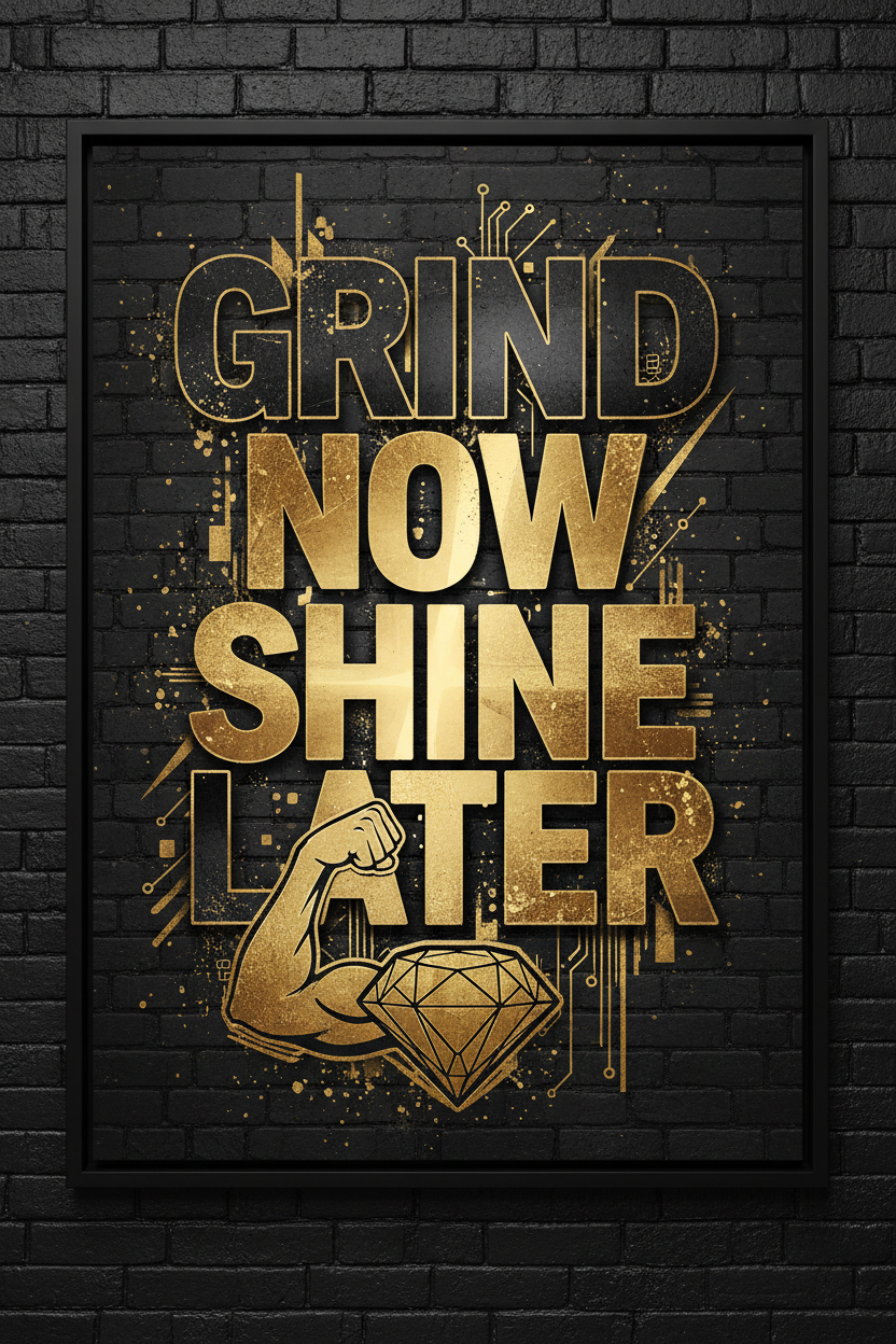 Grind Now Shine Later motivational print with urban typography