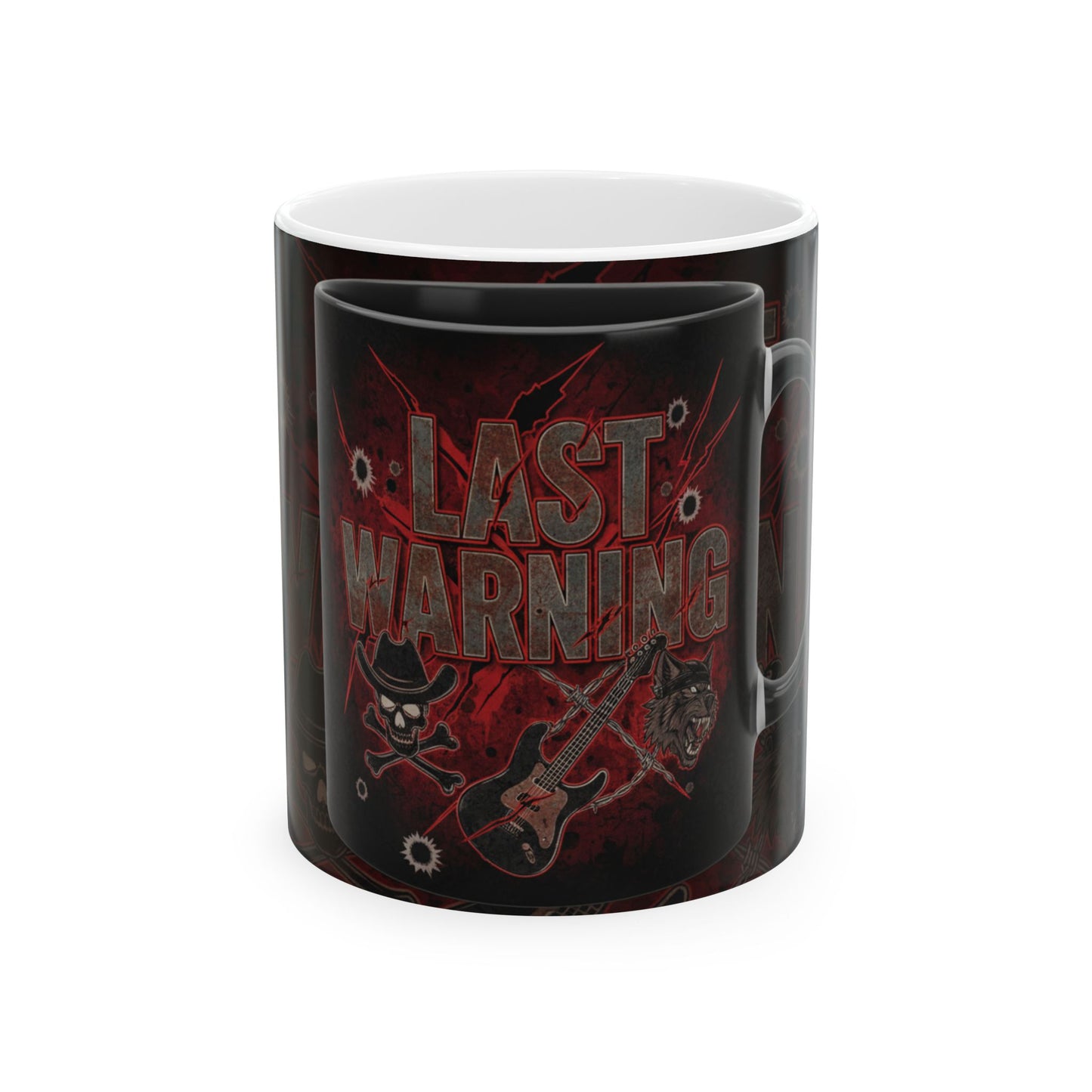 Last Warning Rock Guitar Ceramic Mug – Bold Skull & Flames 11oz/15oz