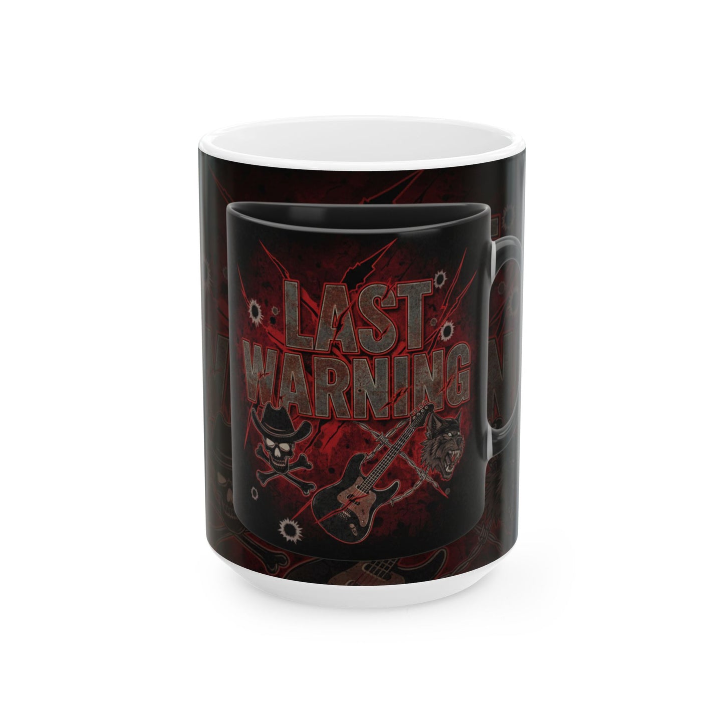 Last Warning Rock Guitar Ceramic Mug – Bold Skull & Flames 11oz/15oz