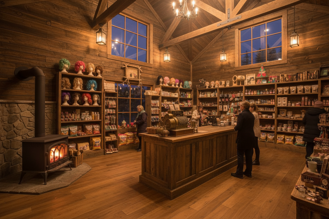 Cozy Barn Store Interior with Wood Stove