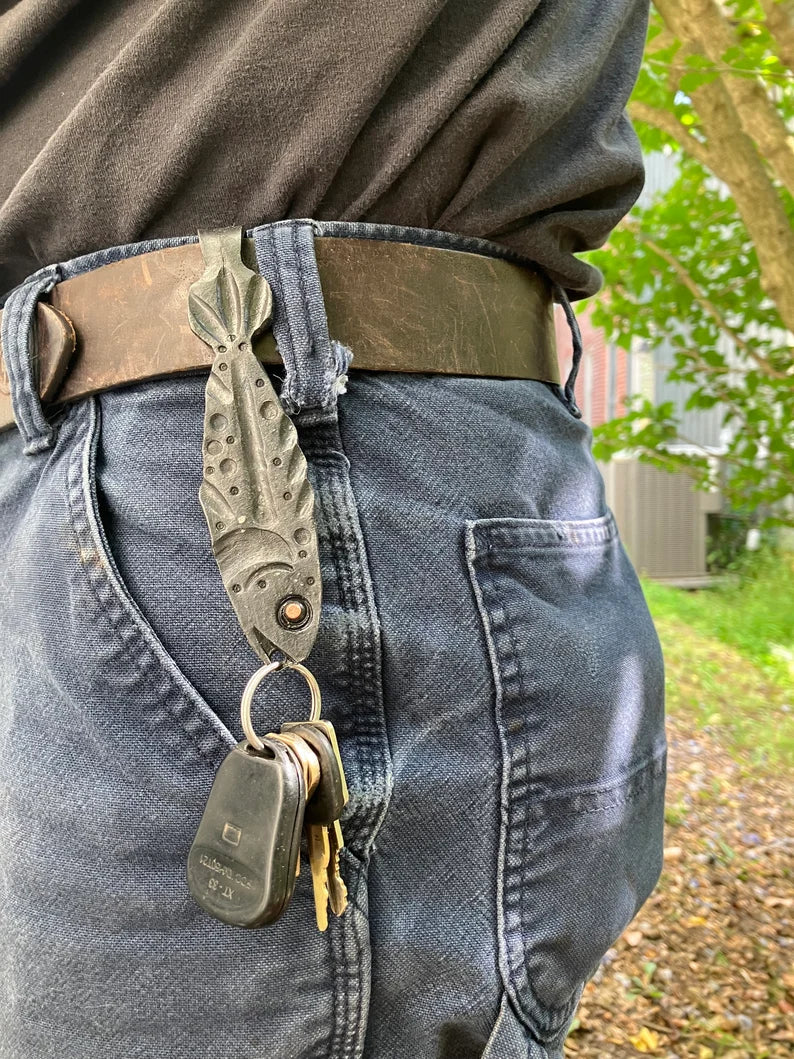 Fish Belt Key Holder Keychain - Bass or Trout Design (Steel & Copper)