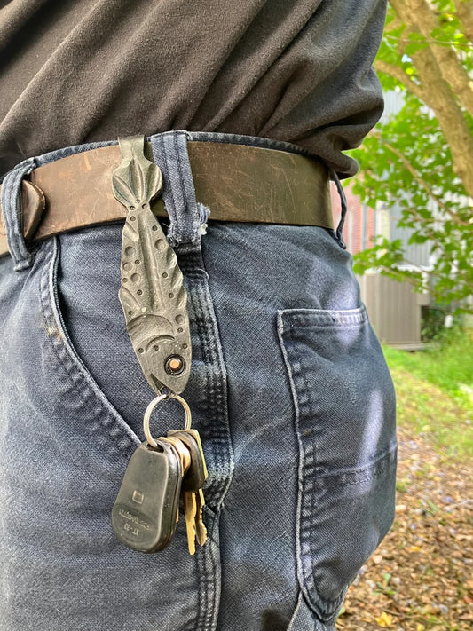 Fish Belt Key Holder Keychain - Bass or Trout Design (Steel & Copper)