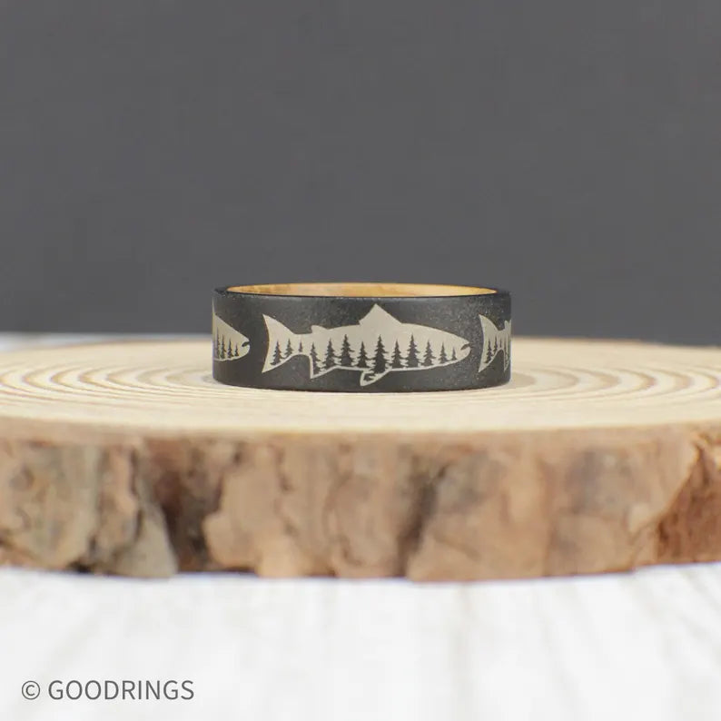 Fishing Ring - Engraved Fish and Tree Tungsten Ring with Whiskey Barrel Wood