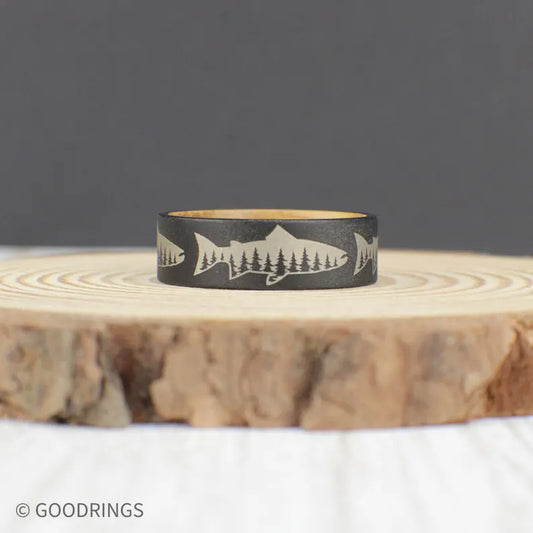 Fishing Ring - Engraved Fish and Tree Tungsten Ring with Whiskey Barrel Wood