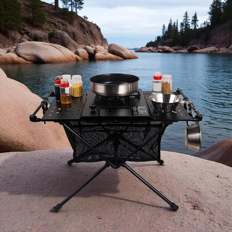 Folding Aluminum Camping Table - Portable Outdoor Cooking Station with Storage