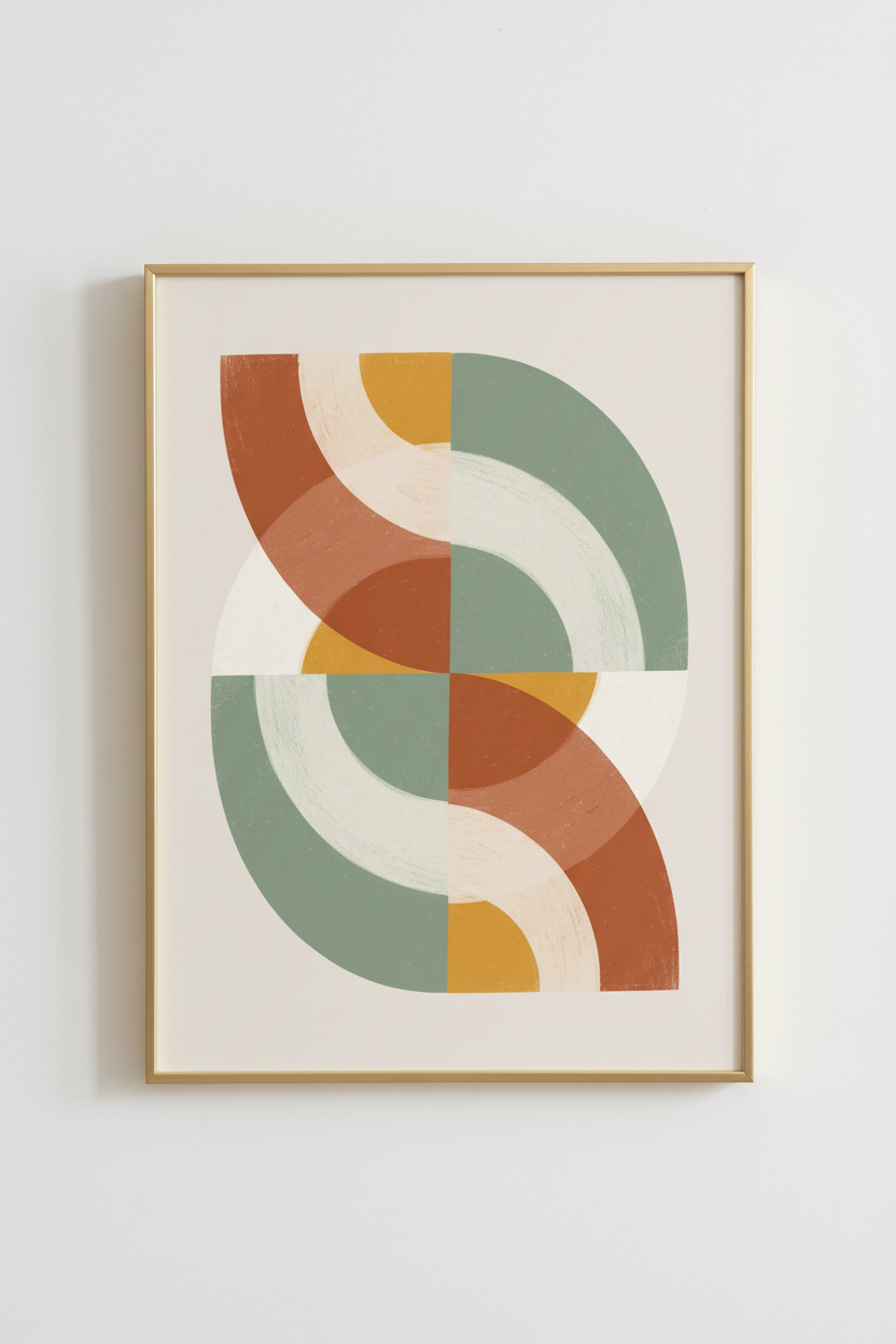 Warm abstract geometric wall art with arches and curves in terracotta and sage