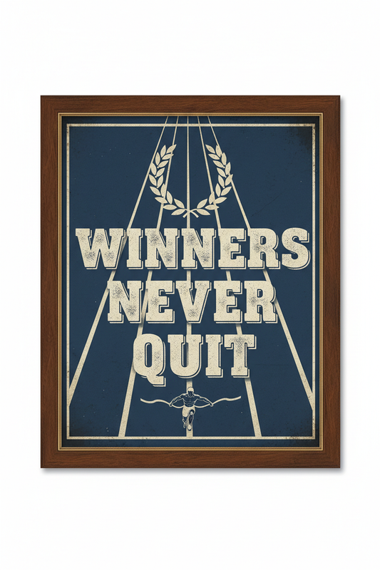 Winners Never Quit motivational print with classic typography